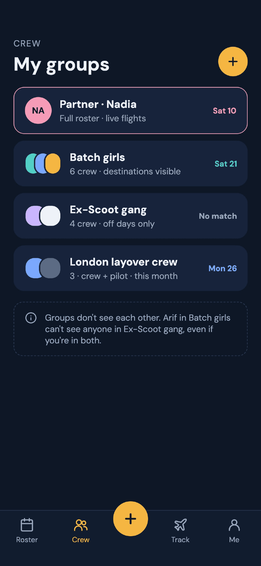 CrewJio groups screen with a partner and three crew groups, each with its own sharing level