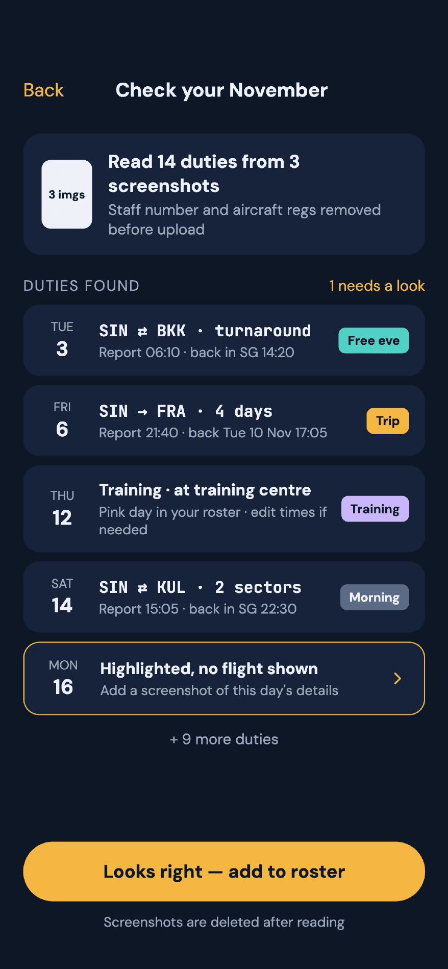 CrewJio import screen listing November duties read from three roster screenshots